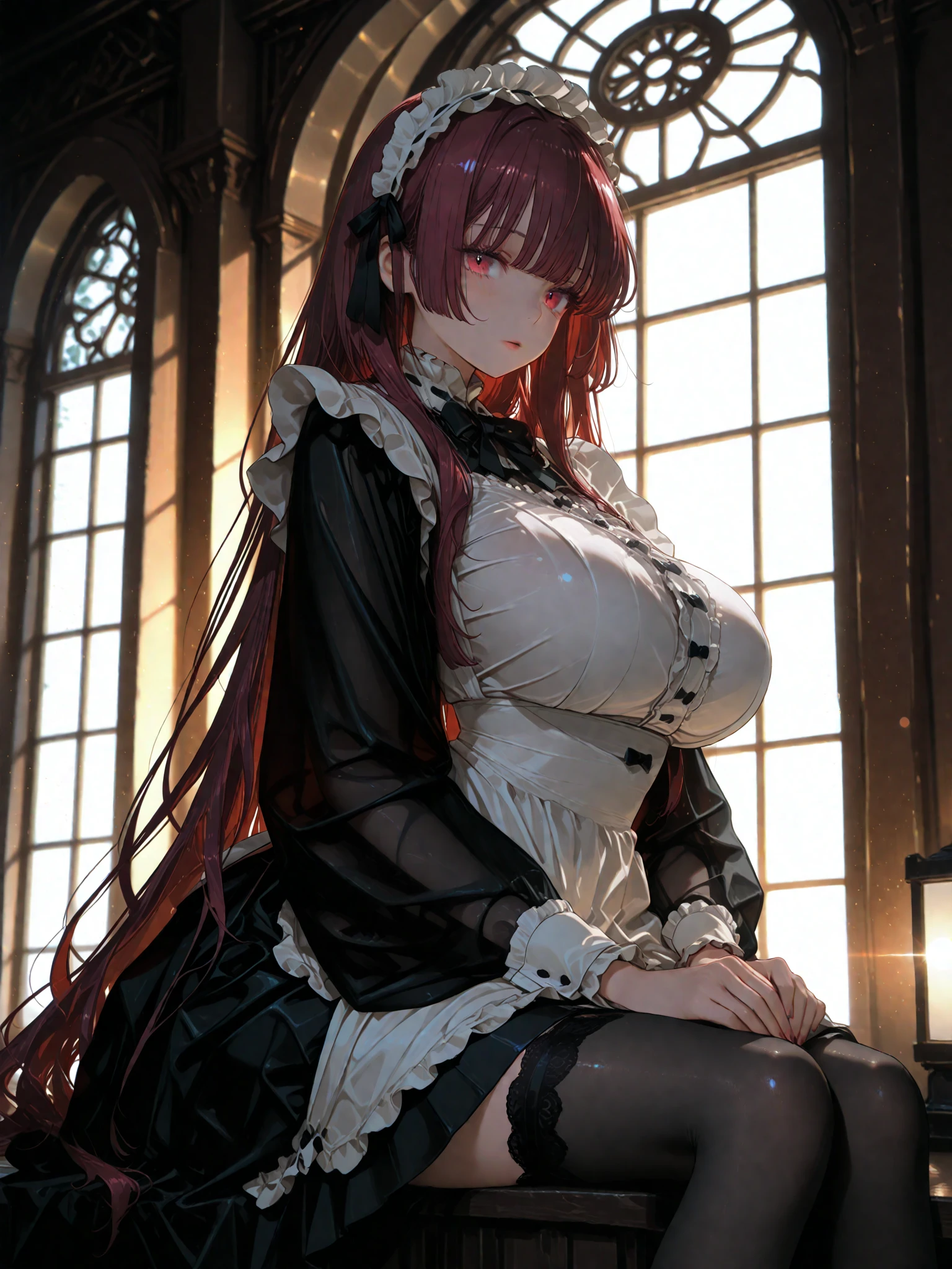 masterpiece, best quality, ultra-detailed, 8K,(cinematic lighting:1.3), 15yo, red hair, (Middle hair:1.8), black eyes, big eyes, , eyelashes, big breasts, big hips, glamorous, break, (black gothic frilled chiffon dress:1.5), composed face, (put hands on knees:1.3), (long black gothic frilled chiffon skirt:1.3), outside,Cleavage,No Headless,garter belt