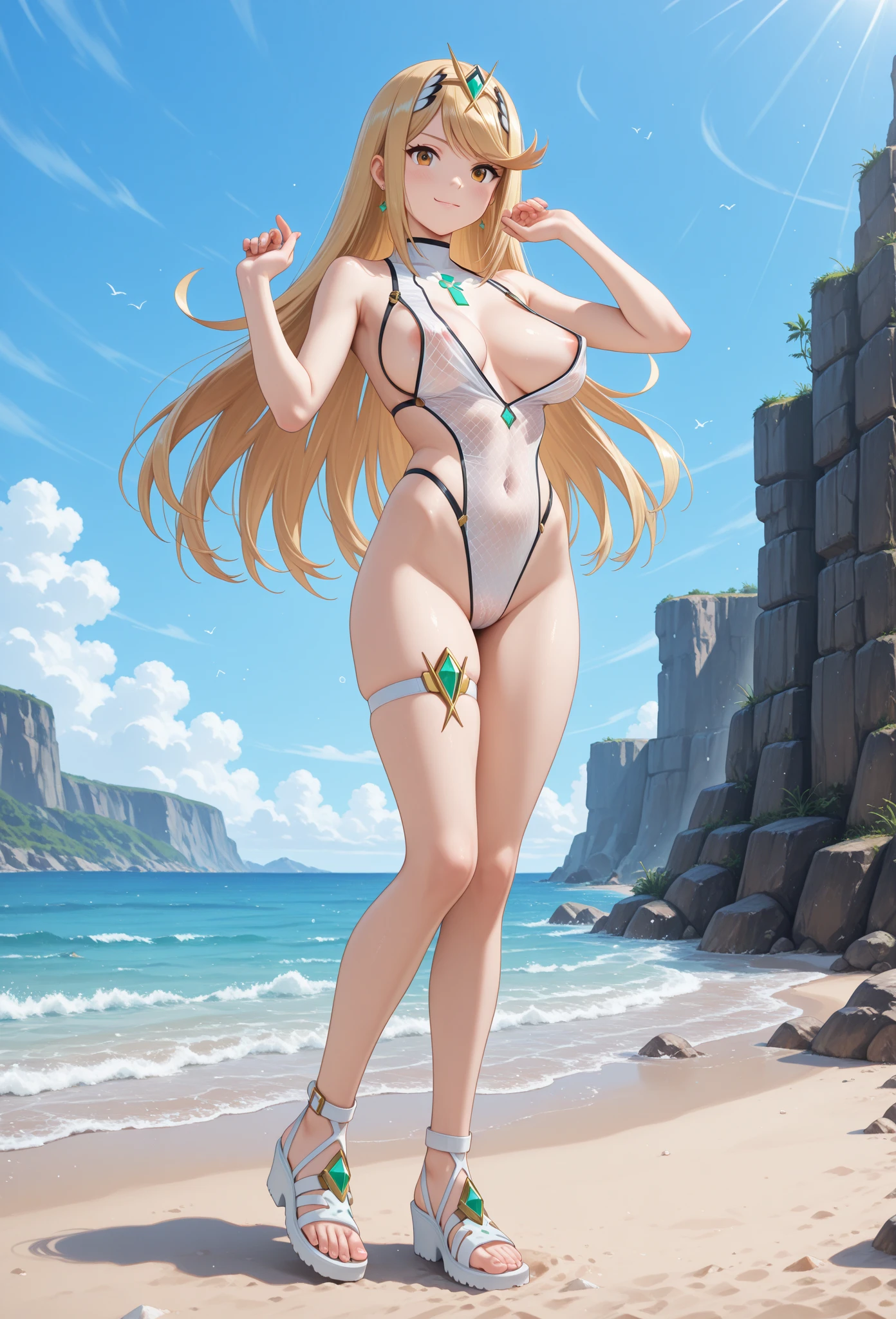 (Nami on piece naked showing her bct sticky with cum )work of art, high qualiy, 8k, ultra detail, ((preach)) standing, plein-air, (large breasted), (microbiquini:1.5), (beachfront)