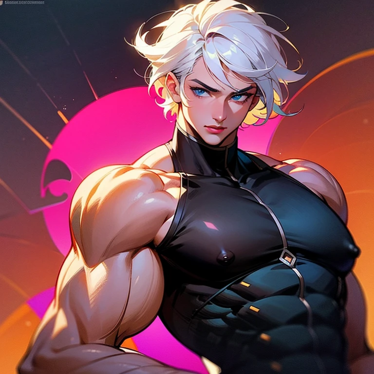 beautiful woman, dark skin, short white hair, yellow eyes, superhero outfit, yellow details, feline powers, very large bust, muscular body, calm expression, high quality