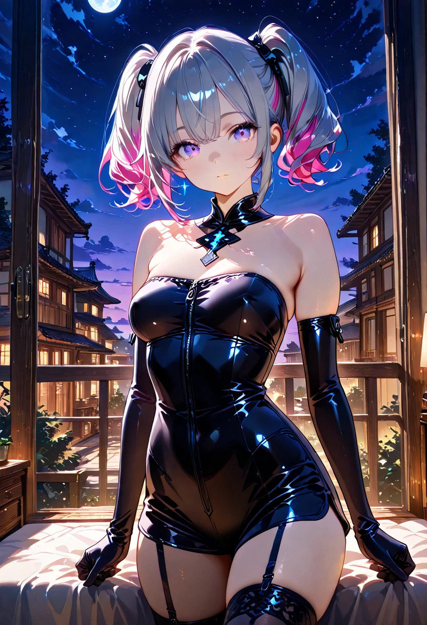 Highest quality、、(Bunny girl)、Fishnet tights、High heels、Red Bunny Suit、View Viewer、Angle from the back、smile、Futuristic Living Room、indirect lighting、Room with houseplants、From the window you can see the valley between the city buildings、Night view、Silver short hair、Beautiful eyes、Beautiful Face、Delicate eyes