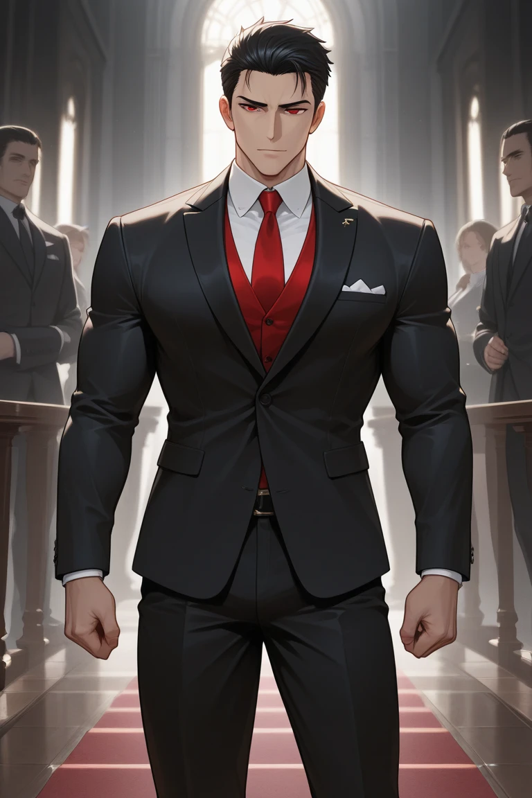 Several characters on the scene (a doctor, several muscular men). A doctor, exaggeratedly muscular, black and white hair, black eyes, scars across his mouth, swollen lips, masculine face, maniacal smile, obscene expression, sweaty, oily skin, huge chest, muscular thighs, huge biceps, wearing a white medical coat, rectangular glasses, black dress pants (fitting), black dress shoes. The doctor is in a dirty asylum (walls stained red), with several Zombie (muscular) men, naked backs, obscene expressions, caressing themselves in a sexy way.