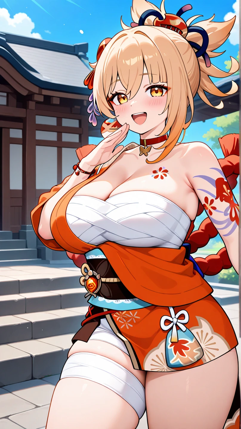 tmasterpiece, Best quality at best, A high resolution, 1个Giant Breast Girl, Blonde hair, Medium hair, Asymmetrical hair, Fluttering, hair between eye, high ponytails, side locks, hair adornments, fish hair ornament, nipple tassels, God Seat, By bangs, Orange eyes, with her mouth open, ssmile, teeth, upper teeth only, Collar, Red collar, Pendant collar, Butterfly choker, 鎖骨, Tattooed with, chest tattoo, flower tattoo, Chopping, mediuml breasts, upper legs, bandagens, Bandaged legs, Salahi, Budget Salahi, boob sarashi, black sash, hadanugi dousa, Annunciation Star, Japanese clothes, komono, gold claw, inner strength, Okami, crucian, orange kimono, pouch, print kimono, ropes, Sash, Shina rope, short-length kimono, singleBareShoulder, imagining (genshin impact), east asian architecture, SakuraNS, Single glove, Single fingerless gloves, Wristbands, sitted, legs standing together,