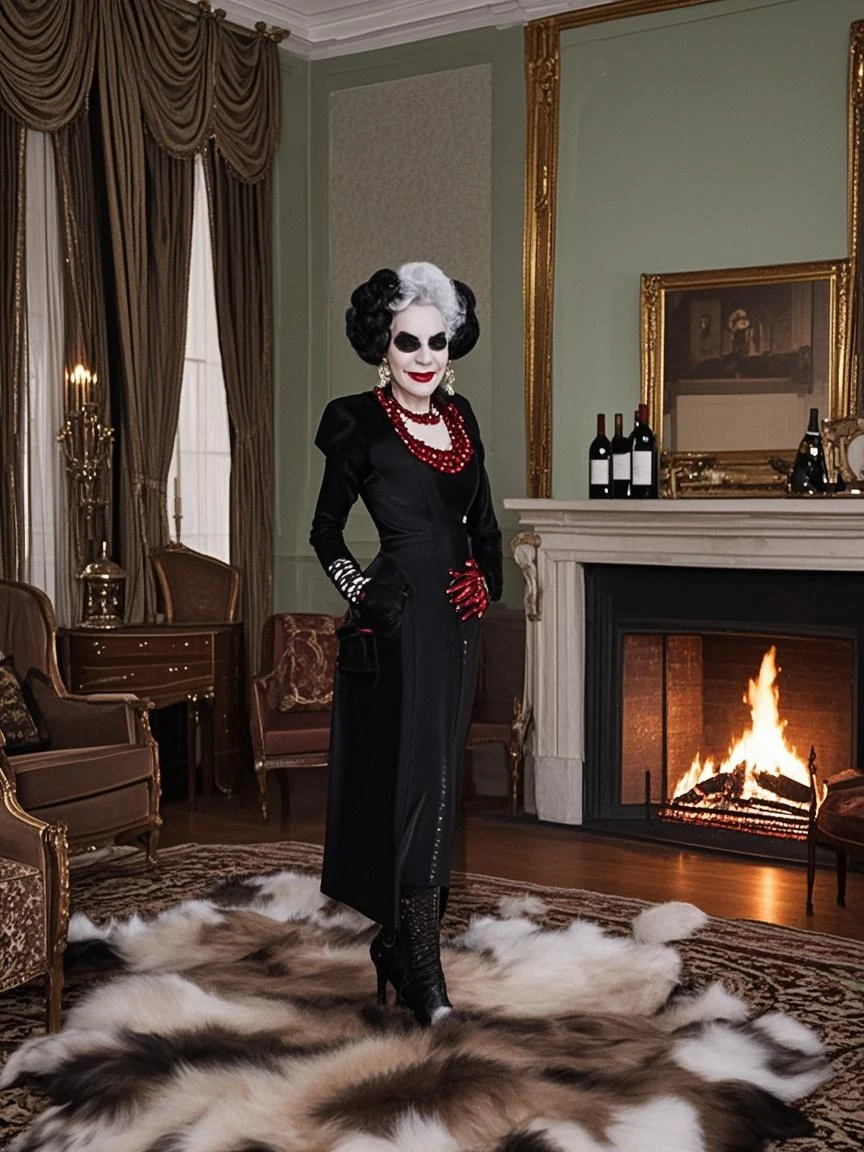 Very thin. Naked sexy Cruella de ville in bdsm style.