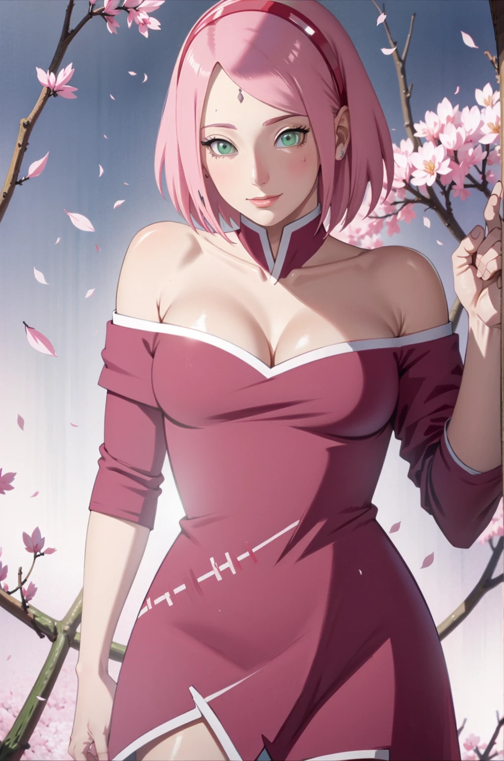 tmasterpiece, Best quality at best, 1girll, Sakura Haruno, Large breasts,Off-the-shoulder attire,(cleavage),(upperbody closeup),Raised sexy,is shy,ssmile,with pink hair,short hair, (Green eyeballs:1.4), Forehead protection, the cherry trees,Cherry blossoms flying,Red clothes,Zipper half