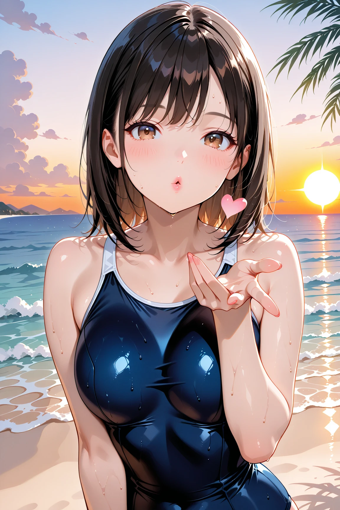 1girl, solo, breasts, looking at viewer, blush, black hair, ribbon, navel, bare shoulders, jewelry, medium breasts, closed mouth, swimsuit, hair ribbon, ponytail, heart, bikini, cowboy shot, small breasts, outdoors, sky, necklace, stomach, black eyes, bare arms, night, ocean, beach, moon, cross, star (sky), night sky, string bikini, full moon, pink bikini, heart hands, multi-strapped bikini, ((32k)), ((best quality)), ((ultra high res)), ((HDR)), ((UHD)), ((extremely detailed CG)), ((unity 32k wallpaper)), 