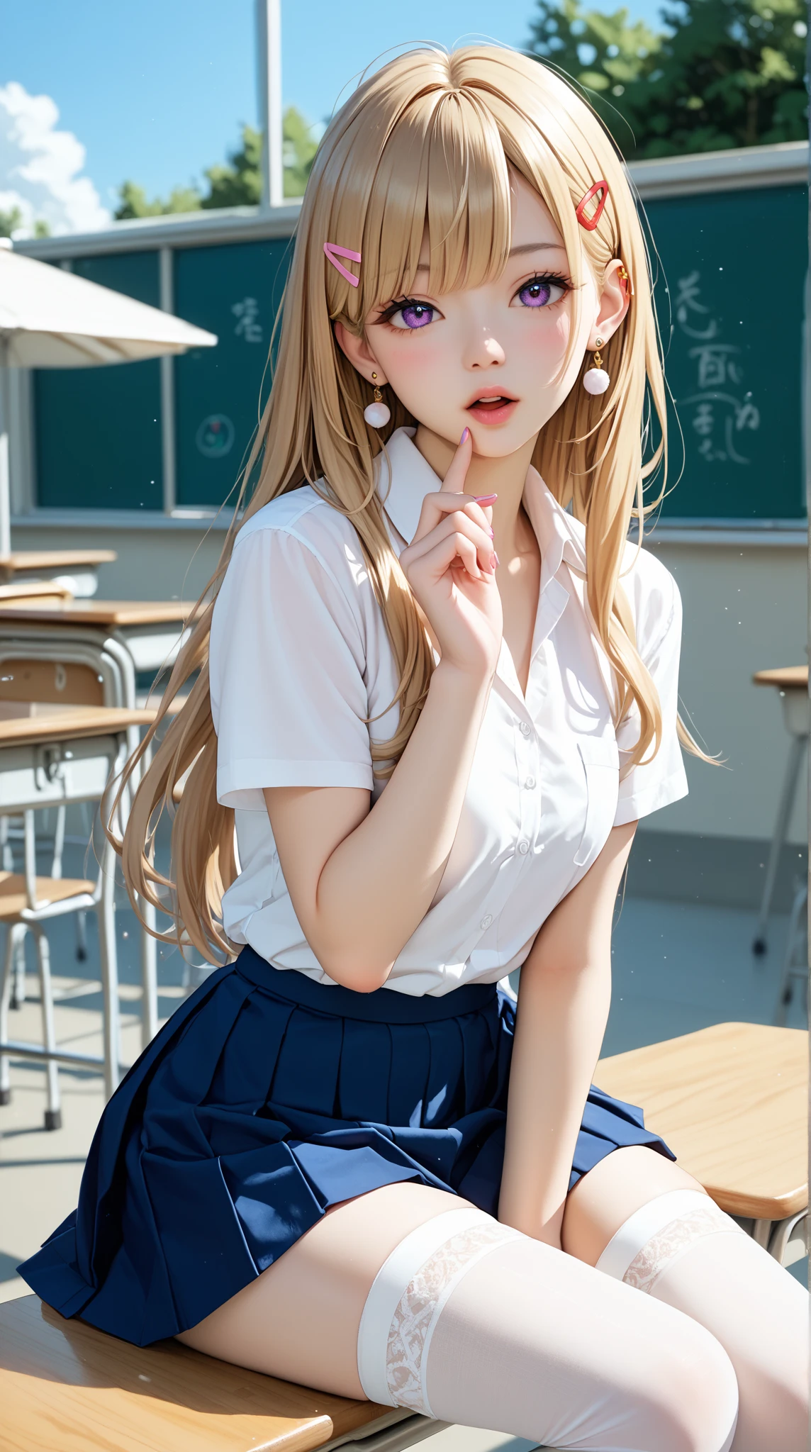 Anime Girls sitting on a bench in a classroom with a blackboard, beautiful anime high high school girl, a Surreal , 現実的なhigh school girl, Beautiful breasts, ribbon, Brown Hair, young Anime Girls, Surreal , Cute girl anime visuals, Anime Girls, Anime Girls with long hair, cute Anime Girls, Smooth anime CG art, high school girl, an Anime Girls, seductive Anime Girls, (Detailed eyes and face:1.3, Professional photography techniques), (Detailed hands), (Highest quality, 8K, masterpiece:1.2, RAW Photos), Gaze at the viewer, (blush:1.2), Sexy expression