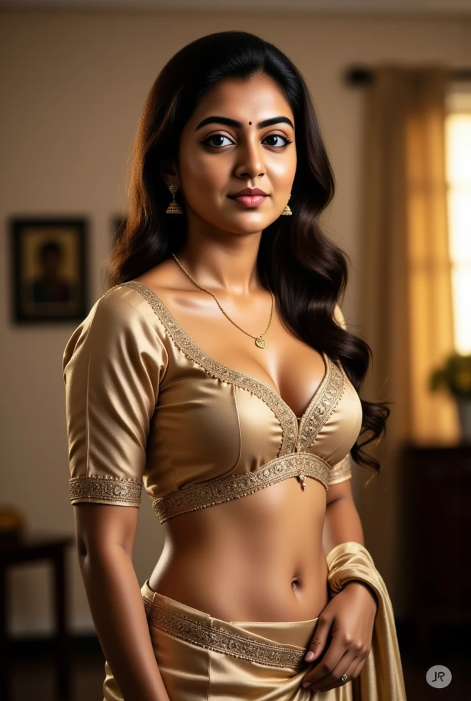 An indian woman is wearing saree, cute, brown skin, detailed face and body, long braided hair, traditional, ultra quality, ambient lighting, dark background, 8k