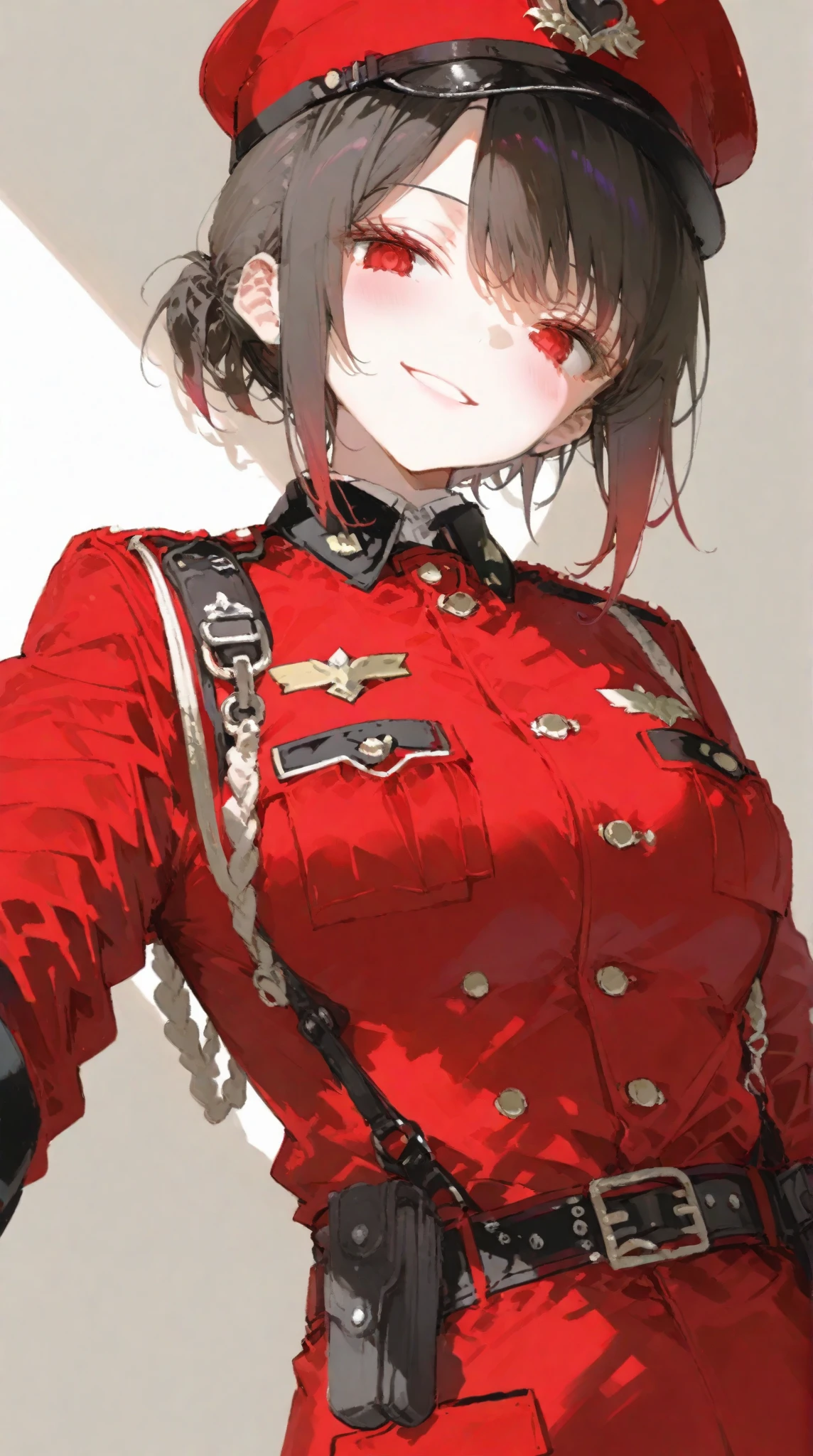 masterpiece, Highest quality, Absurd, High resolution, Very detailed, One Girl, alone, Cowboy Shot, ((IJA Taisho, Khaki uniform, Combatant,Golden Sling,General Positions, 左chestにメダル,)),Black long boots,medium chest, chest, Tight waist, Black Hair, Blunt bangs, Red eyes, Conceit,Wicked Smile, White gloves, holster, Leather Belt Pouch, Abandoned city, Dilapidated Street, combustion, Night Sky, battlefield, crater,chestをはだけさせる、Fascinating face、Expand the vagina with both hands,pussy,Pussy,squat,(fellatio gesture)
