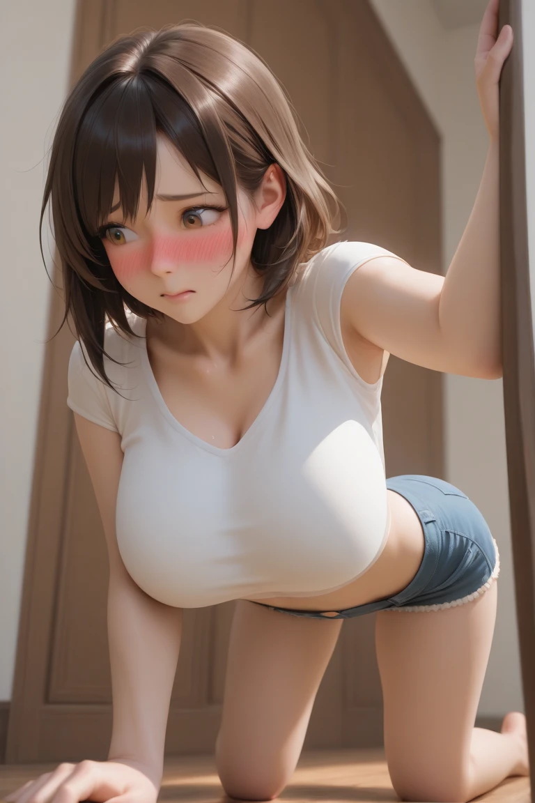 tmasterpiece，best qualtiy，cleavage，The shoulder straps slip off，Close-up shot，sportrait，A high resolution，1girll，Heavy fog（pokemmo），orange color hair，独奏，shorter pants，Harnes，side ponytails，orange color hair，hason，yellow crop top，nabel，short detailed hair，Denim，denim short，ssmile，cowboy lens，standing on your feet, peace_sign, exteriors,Large breasts