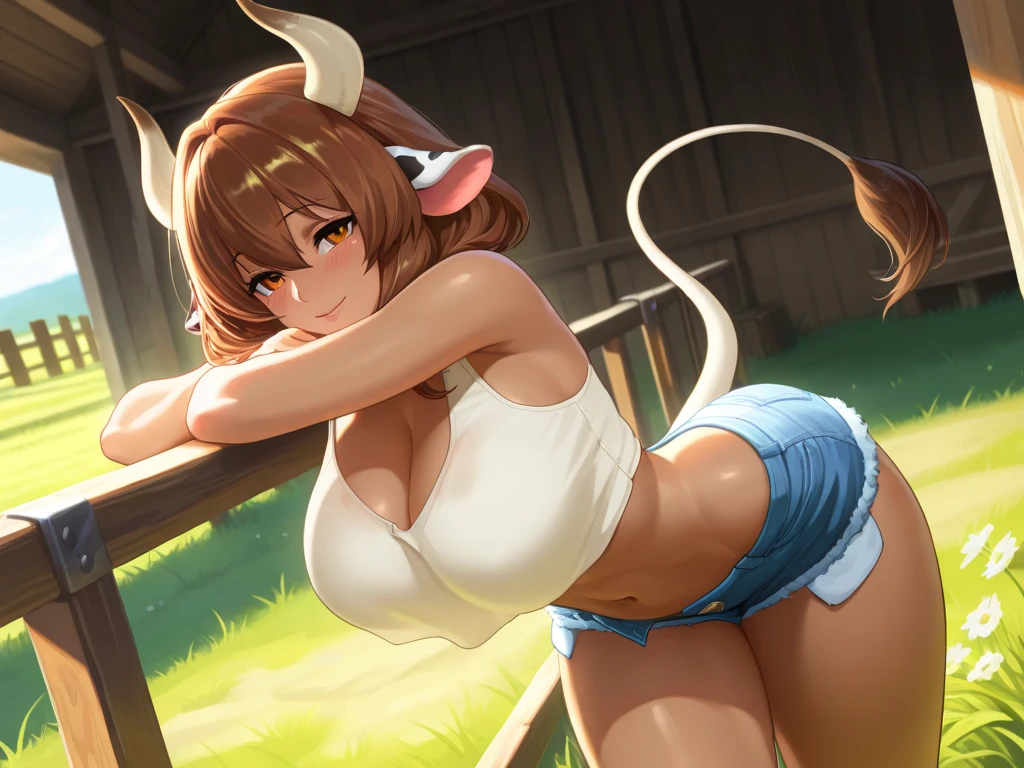 farmland background scenario, back shot, high-waisted denim hot pants:1.4, cinematic composition, direct sunlight, (((lens flare:1.4))),
BREAK,
bra under shirt:1.4, 
BREAK, 
dynamic lighting, pastel lighting,
BREAK,
((Cow pattern on body)), [dark skin],
BREAK, 
expressive eyes, Professional Photography,
BREAK,
Girl Cow, ((short brown curly hair)), ((cow horns)), (cow ears),
BREAK,
((heterochromia eyes)), eyeliner, thick eyebrows, 
BREAK, 
Huge breast:1.1, 
BREAK, 