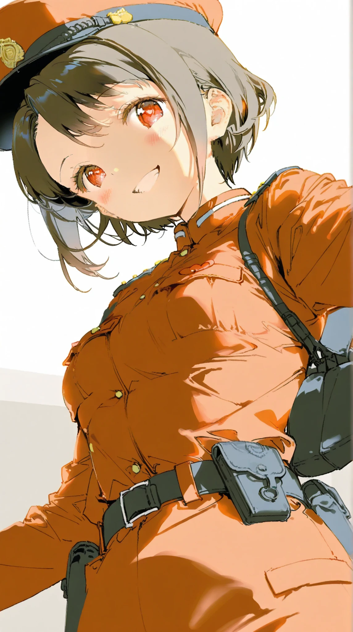 not，Pokekid，sexy body，not에는 비키니만 입었어요，huge breasts，wearing white gloves，Brown shorts，with short brown hair，Red eyes，evil smile，Scary Eyes，It&#39;s like a whole body，get up，golden eyeany fine details，illustration，CG，secondary element，high quality，masterpiece，Cyberworld，JK style, eyeliner