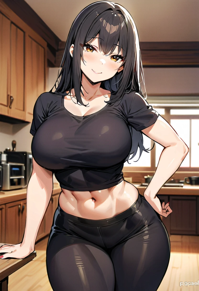 bloom, (blunt bangs:1.3), (hime cut:1.3), (covered nipples:1.3), (medium:0.8) (large:0.6) round breasts, cleavage, (mature female:1.6), black hair, long hair, (blunt_ends:1.3), blue eyes, purple_eyeshadow, white_tied_shirt, short sleeves, red pleated_miniskirt, black belt collarbone, toned, lineart, vivid colors, day, purple_eyeshadow, makeup, tavern, cat_ears, cowboy_shot