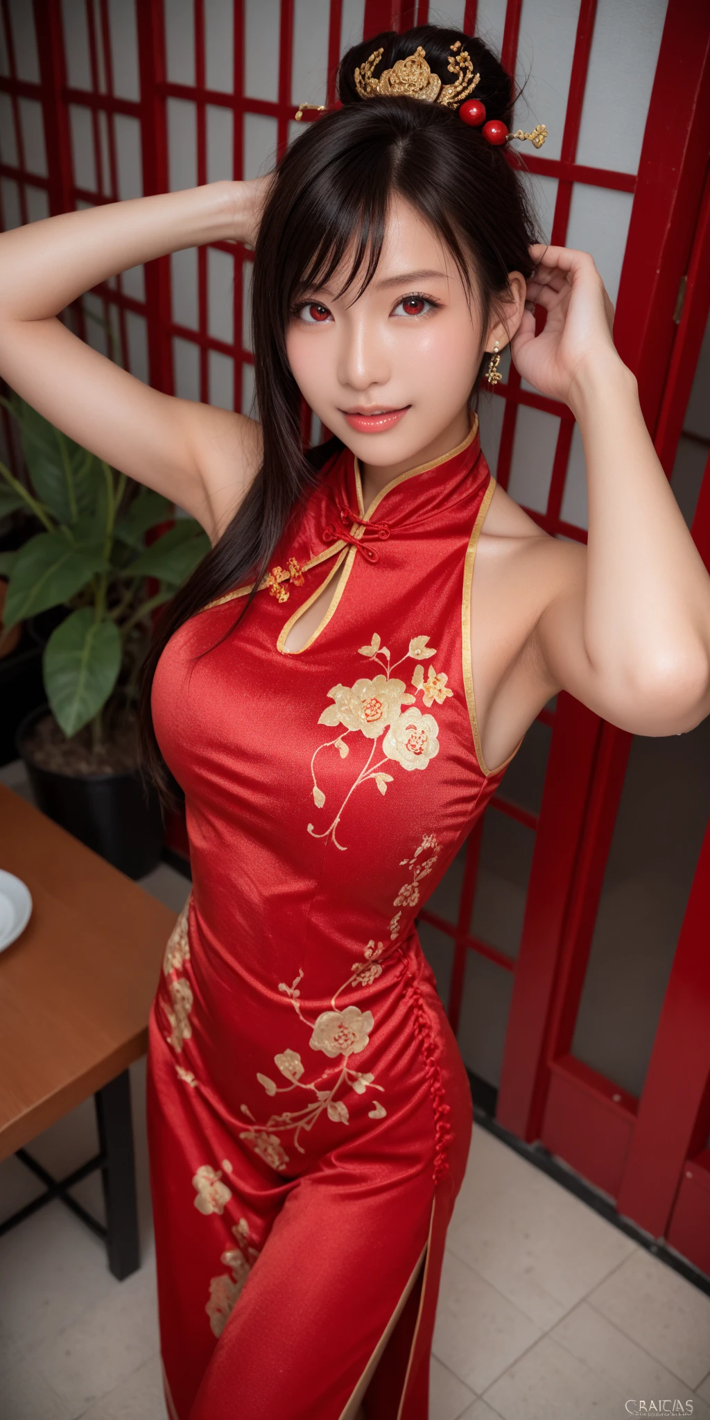 (8K、Raw photography、Highest quality、masterpiece:1.2),(Black Hair、Dark Eyes:1.9),(Red Chinese Dress:1.4)、View your audience,Front view,White skin,(Double Bang:1.3)、(Tight waist:1.6)、(Clothes that accentuate the shape of the breasts:1.0)、(Big Breasts :1.3)、Slim figure、Ultra-high resolution,beautiful,beautiful fece,(One person、No background:1.9),whole bodyボディー,Japanese women,(reality的:1.37)、Photon Mapping,reality、(Baby-faced and cute: 1.4)、(Cute Smile: 1.8)、(Round face: 1.8)、Radio City、Physically Based Rendering、Depth of field rally background、photograph, (I can see your knees、Thigh close-up:1.8),(:1.6),whole body、Great quality