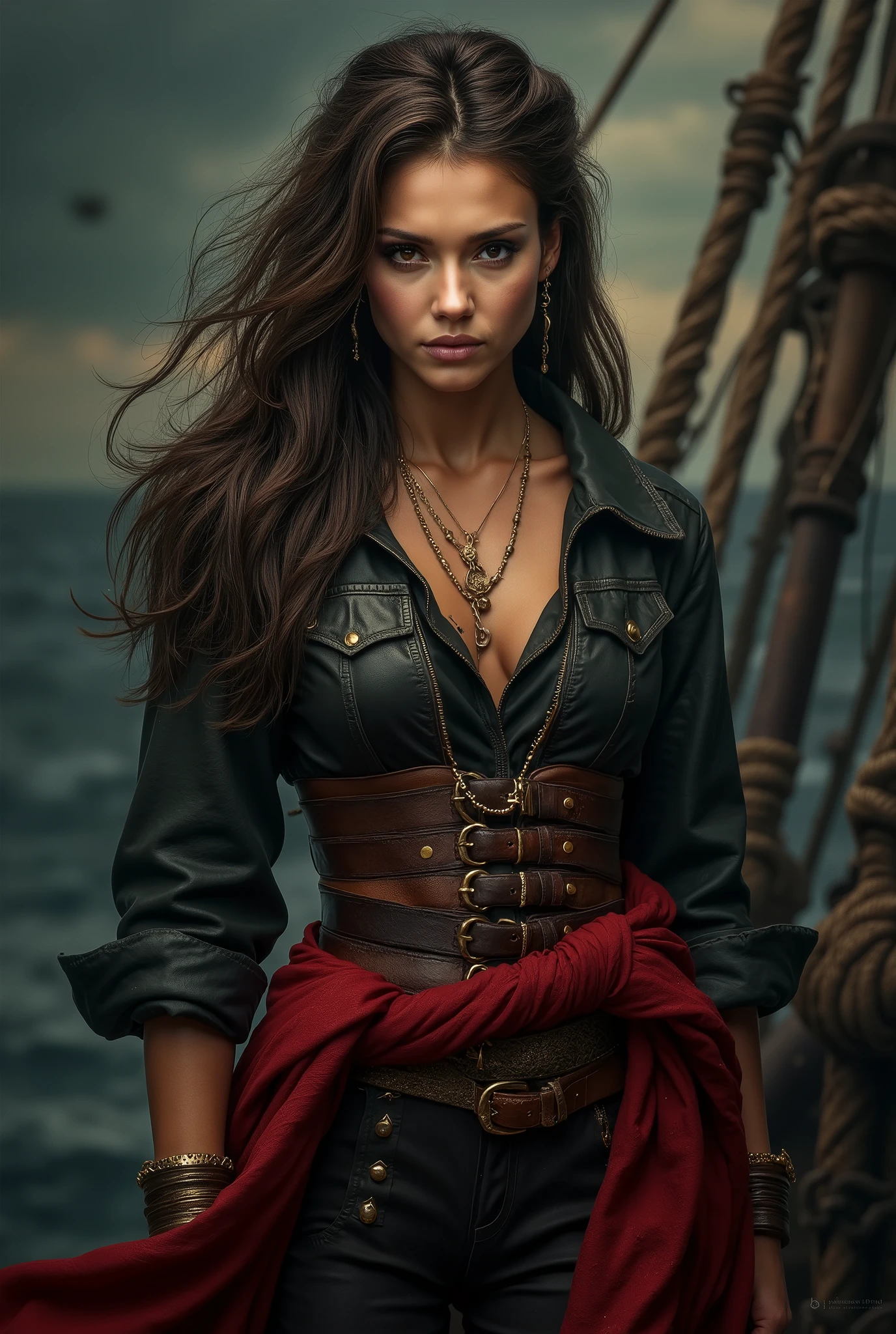 half body shot of pirate woman in long red and black leather