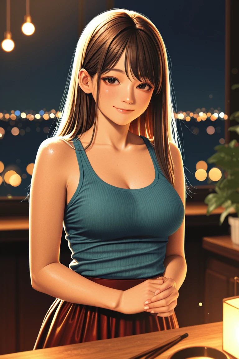 1lady solo, mature female, /(pencil dress/) /(blue dress/) necklace, /(brown hair/) bangs, blush kind smile, (masterpiece best quality:1.2) delicate illustration ultra-detailed, large breast, arms down, /(bar counter night/), nipples showing