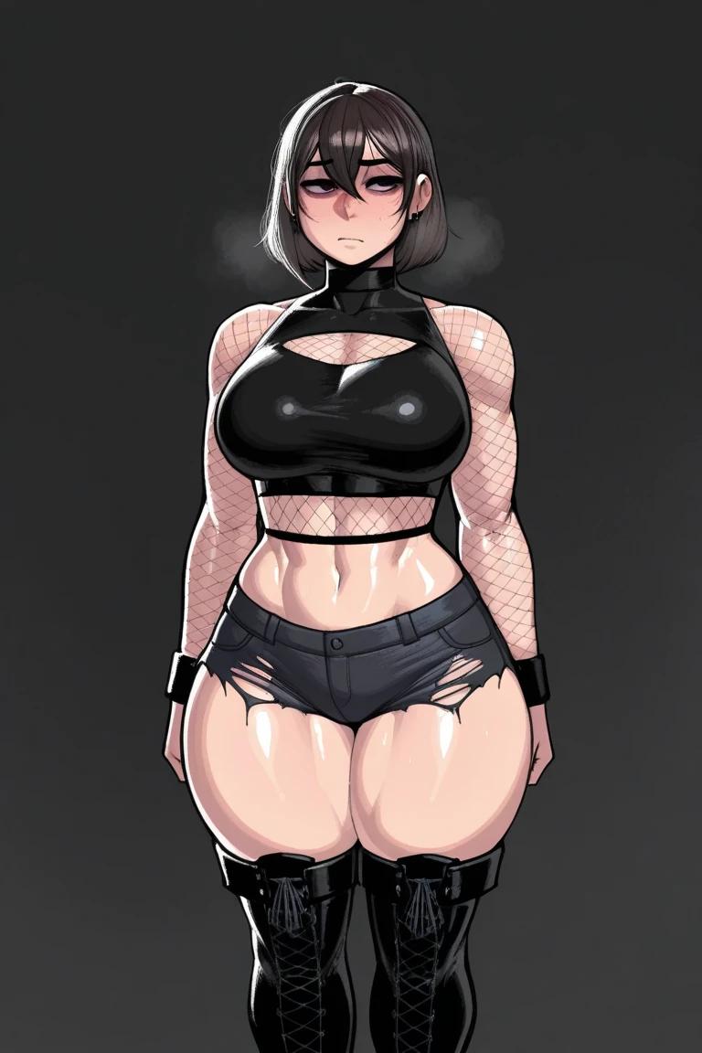 Young Girl,with a very beautiful appearance,Medium breasts,beautiful physique,black hair tied into a high ponytail with a black elastic band,white eyes,With a rude look,dressed in a sexy black leather jacket, black sexy turtleneck,black sexy thong pulled over the waist,black thigh-high stockings with straps, High Black Shoes,black choker on the neck, posing attractively,Makes Achegao,Drooling, is in the night city