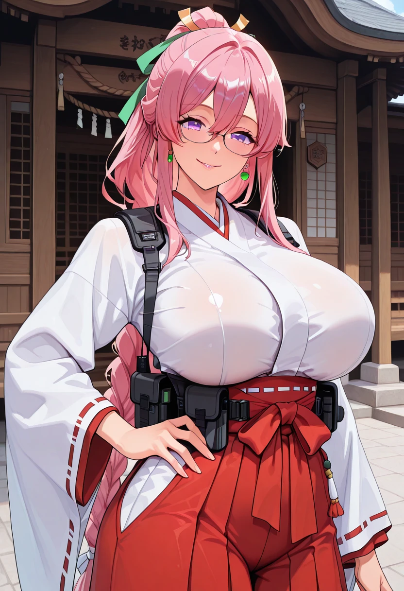 masterpiece:1.2, ((Guilty Gear: Strive game)), ((Baiken character)), 1women, (best quality), (real picture, intricate details, depth of field), make up, parted lips, highly-detailed, perfect face, (huge breasts:1.8), (skindentation), attractive waist, tall, glossy coral lips, moderate musculature, toned abdomen, beautiful navel, (extra long high pink ponytail :1.2), (white ribbon in hair) (beautiful bright pink color eyes), face ornament, sexy, (dressed in a kimono in red, white and black shades), (women's fundoshi), (white female fundosi), (blushing, drunk), sleepy expression, peaceful atmosphere, massive cleavage, disproportional , hanging breasts,
(the right eye is closed, eye patch on the right eye), (the left hand is missing, the left hand is hidden),