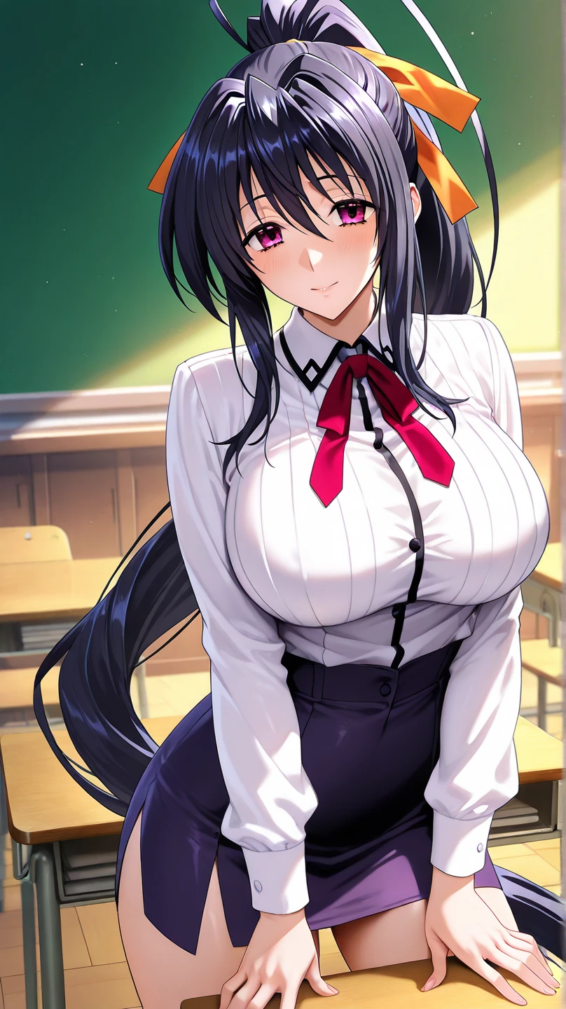 (high quality), JK, no bra, thight stockings, high heels, mischievous smile, light blush, looking at viewer, huge breasts, precise hands, sexy pose, detailed room in the background, scathach, long hair, purple hair, (red eyes:1.5), purple short dress, showing nipples