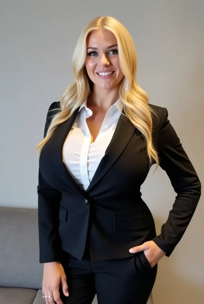 A voluptuous 40 year old milf with long blonde hair with thick thighs and curvy body. she is wearing tight work clothes: a tight blazer a very short tight skirt. she is sucking dick