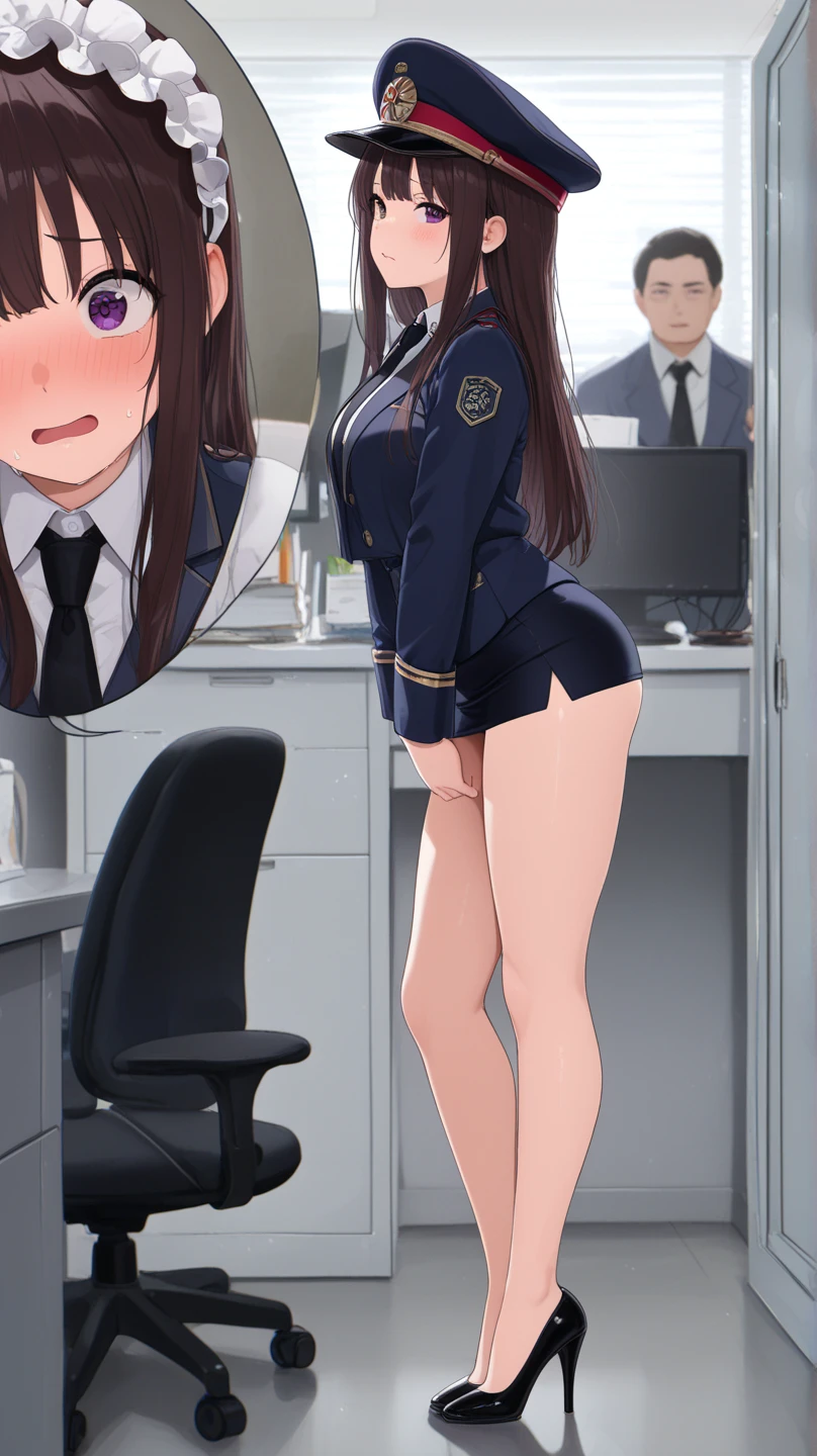 score_9, score_8_up, score_7_up, source_anime uncensored, BREAK nishizumi shiho, 1girl, mature female, blunt bangs, long hair, brown hair, straight hair, brown eyes, serious, black jacket, long sleeves, wing collar, pant suit, black pencil skirt, miniskirt, thick thighs, formal, on train, train interior, BREAK 1boy, (faceless male), size difference, medium breasts, lace trimmed panties, dripping, netorare, cheating\(relationship\), full body, close up, multiple views, ass, panty aside, anus, (groping), skindentation, rating_questionable, (motion lines), trembling, stealth fingering