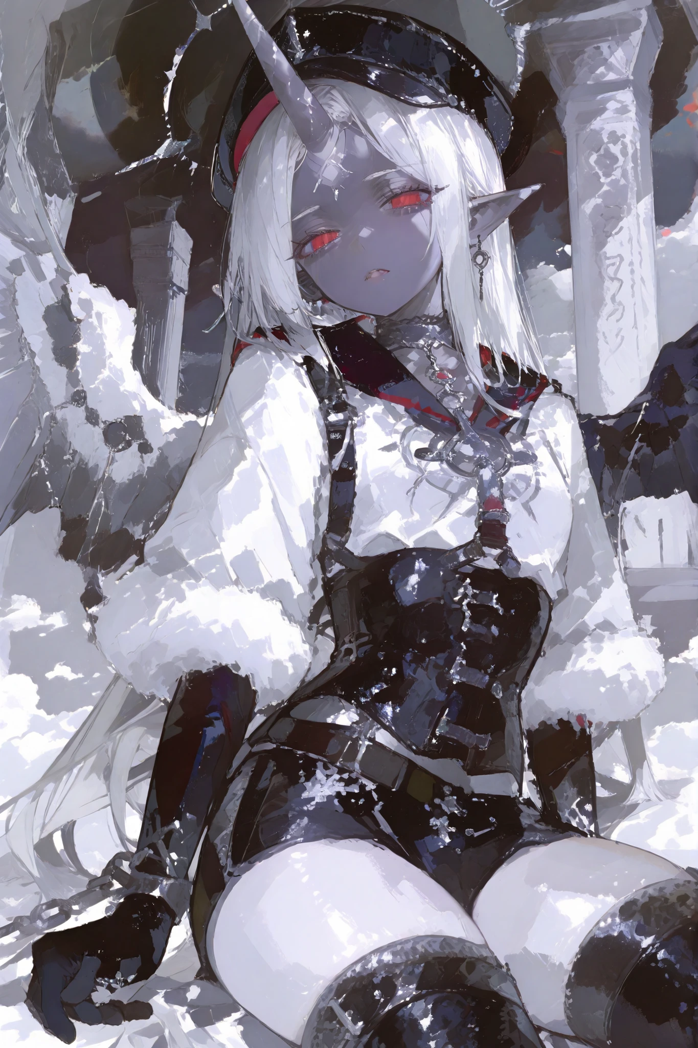 The girl is a fallen Seraph. Her long straight hair is jet black, highlighted with white strands,half bangs ower her eyes. her eyes are dark black with white crosses pupils. She has black-grey skin and pointed ears. on her skin she has a tattoo of the silver cross. (One single Unicorn horn in center of her forehead) In the center of her forehead she has a one black unicorn-horn decorated with silver chains. She is wearing a black bdsm catsuit with short shorts. She wearing a white short fur coat with fur high collar and fur sleeves. She wears high hip-length patent leather boots with straps. She wears on her head a black patent leather cap. She is wearing silicone black gloves with silver claw rings. She wears a BDSM bondage set of : silver chest ribs harness , garters, corset, choker, made of silver and leather straps with inverted crosses pendants . She has six monochrome wings on her back, three black wings and three white wings. In the background: A white temple on clouds, made in the Greek style,white heavenly city among the clouds.