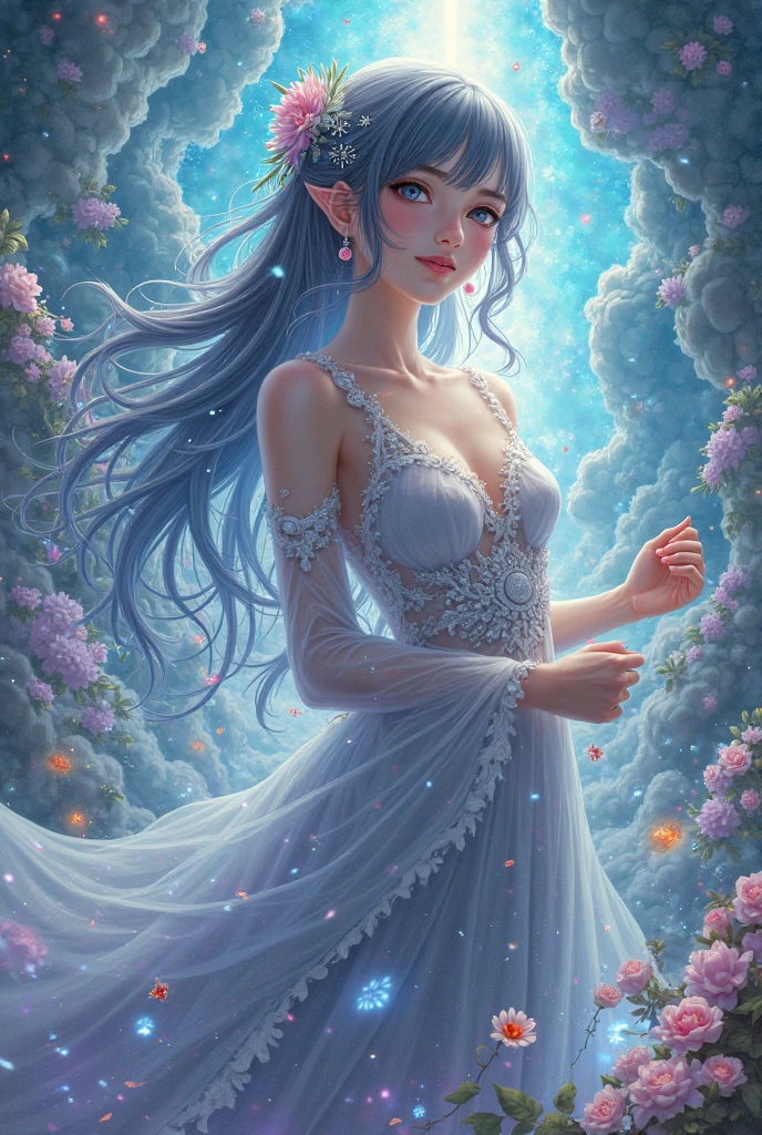 1 moon,Dear beautiful flower fairy, clear wings, The wand fluttered in the wind.、The wand flickered with starlight.,golden wand,Beautiful blue sky and white clouds、girl with transparent wings、Please smile、beautiful garden background、gentle and transparent,anatomy correct, delicate pattern,pink rose space, soft light, ( Bokeh),Masterpiece, Extremely detailed, Epic Elements, Highest quality, 8ก,Magnificent and romantic fantasy digital art.,EpicFairytaleFantasyDigital Art,Legendary fantasy,UHD resolution,Detailed detailed drawing,realistically,realisticallyมาก,Cinematic lighting,award winning photos,Various colors,Realistic textures, very realistic,incredible light