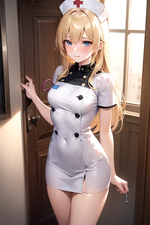 1woman, nurse, nurse cap, white wear, ((white legwear, zettai ryouiki)), white gloves, blonde hair, blue eyes, pink lips, smile, standing, ((hospital room)), sharp outline, short sleeves, mature female, 35 years old, best quality, masterpiece