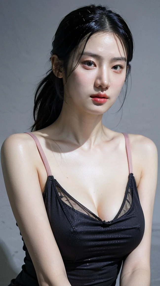 Create a realistic UHD 8K image of A young korean woman with messy hair, large chest, wearing a thin-strapped tank top. She is bending over a table, resting her chin on her hands. The photo is taken from side, highlighting the legs of her, weat body. The background features a dark room with a slight haze.