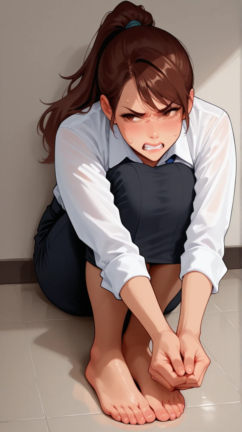 (masterpiece, best quality:1.2), detailed face, detailed eyes, elegant woman, long hair, high heeled, shiny skin, dress shirt, pants, random collar, ponytail hair, cool attitude, cool glasses, , cool, (perfect hands:1), (Neck leash 1.4) , spread legs, ripped clothes