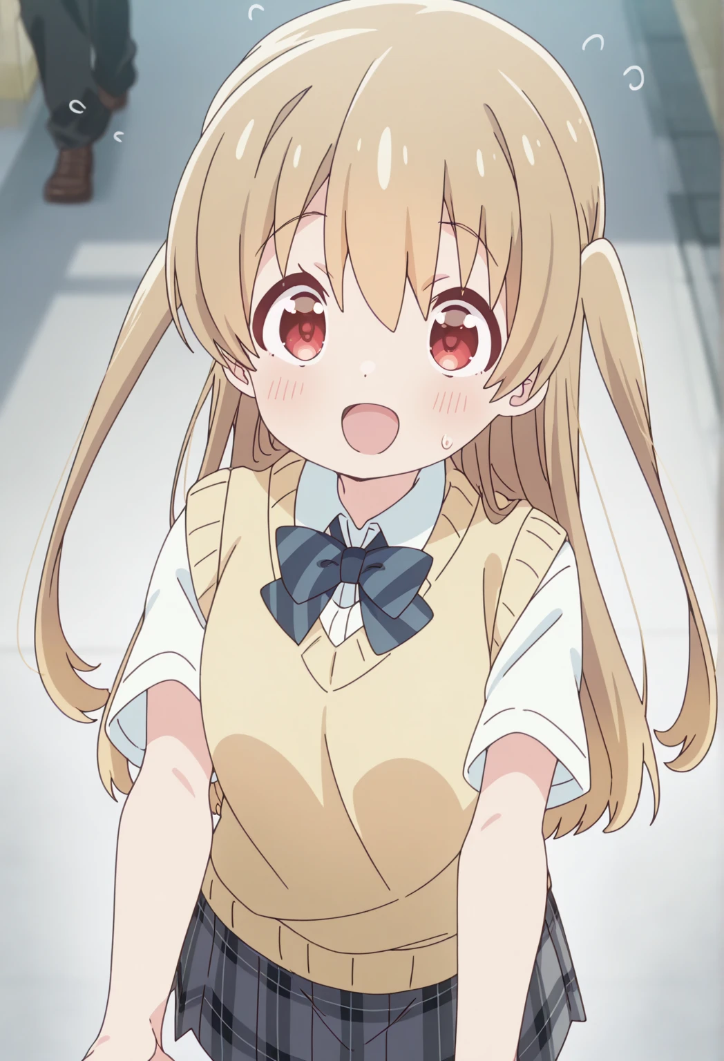((masterpiece))((Highest quality))girl、Laughing with your mouth open、blush、Flat Chest、Are thin、Blonde Hair、blush、Are standing、Whole body image、Eye level on face、、No background、Blue clothes、Hair is two colors、Twin tails、Red Eyes、Two-tone red and yellow hair、With open arms
