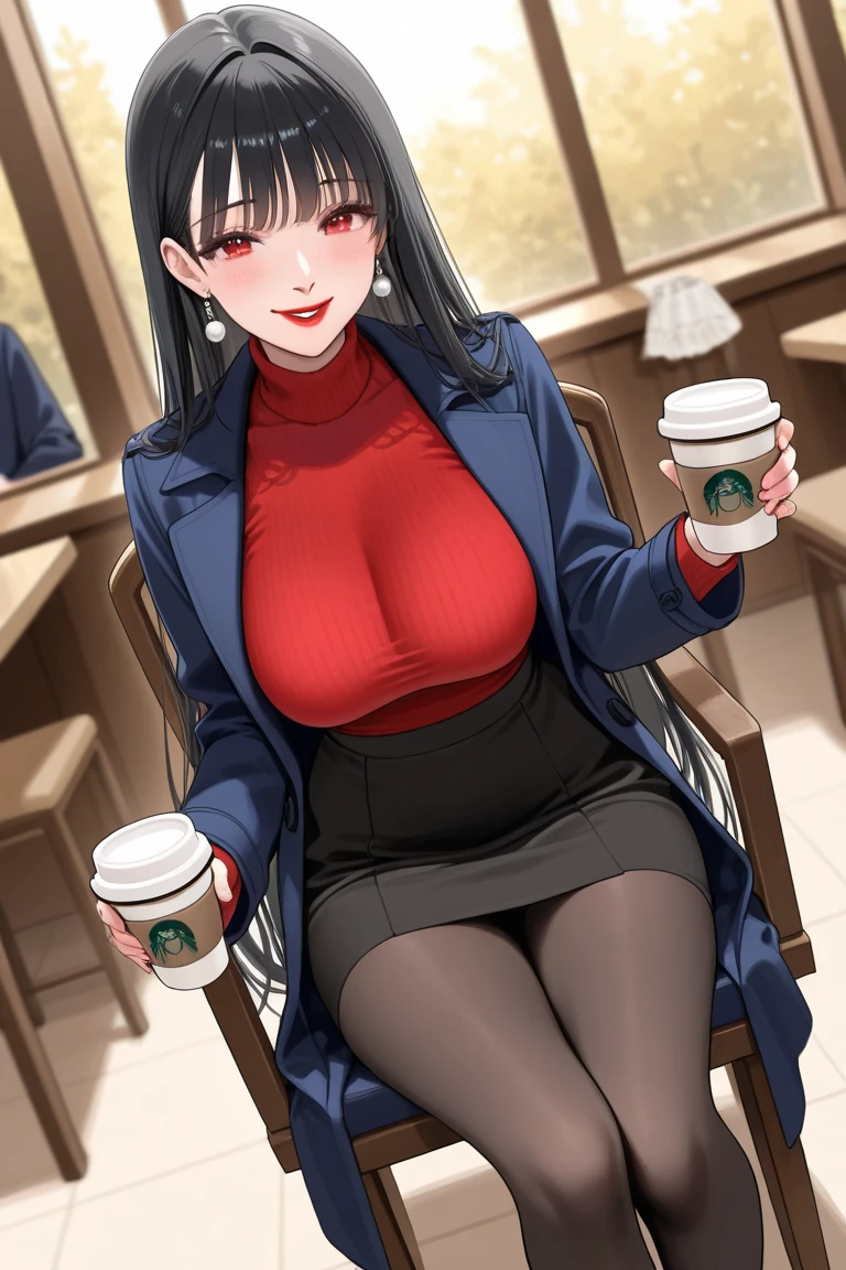 Milf, pink lipstick, short black hair, sweater, skirt, tights, winking, looking at viewer, flirting, hourglass figure and is very curvy, coffee shop, sitting opposite of viewer, love hearts