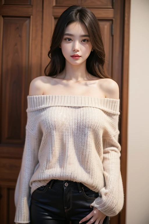 Ultra-high resolution, Superior Quality, Highest quality, Very detailed, Realistic, 8k, RAW Photos, Highest quality, masterpiece, Attractive girl, Awesome girl, Brown Hair, Shoulder-length layers, Asymmetrical bangs, K-POPアイドル, Sophisticated, stylish, White knit, Brown hibuya Ward, Semi-long hair up to shoulder length
