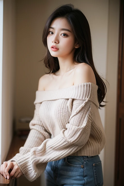 Ultra-high resolution, Superior Quality, Highest quality, Very detailed, Realistic, 8k, RAW Photos, Highest quality, masterpiece, Attractive girl, Awesome girl, Brown Hair, Shoulder-length layers, Asymmetrical bangs, K-POPアイドル, Sophisticated, stylish, White knit, Brown hibuya Ward, Semi-long hair up to shoulder length