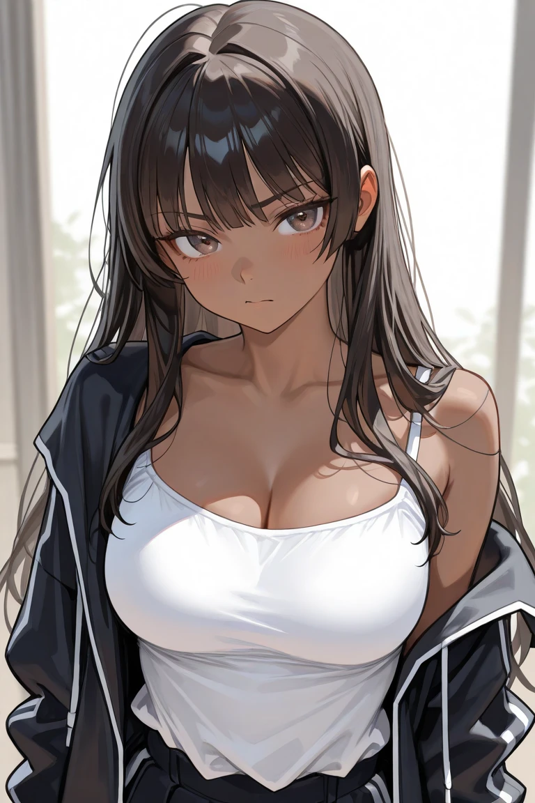 ((highest quality)), ((masterpiece)), (detailed), High resolution、Perfect Face、Detailed Eyes、Depth of written boundary、Seductive lips、Gal、(Black Hair、Long Straight Hair、Bangs)、Earrings、Cleavage、(Brown skin)、(Casual wear)