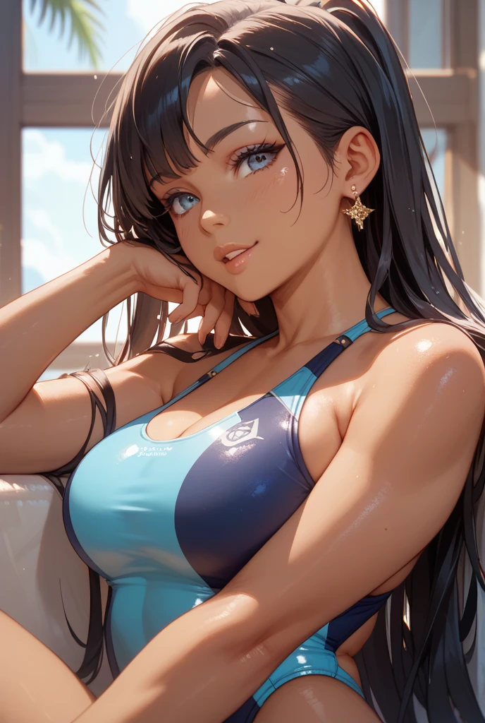 (best quality,4k,8k,highres,masterpiece:1.2),ultra-detailed,(realistic,photorealistic,photo-realistic:1.37),HDR,UHD,studio lighting,ultra-fine painting,sharp focus,physically-based rendering,extreme detail description,professional,vivid colors,bokeh,portraits,anime,photography,pink tones,warm sunlight lighting 1girl, solo, detailed eyes, detailed lips, extremely detailed eyes and face, long eyelashes, long dark blue hair in a ponytail with side bangs, headphones, two piece rainbow bikini and sandals, beach party background