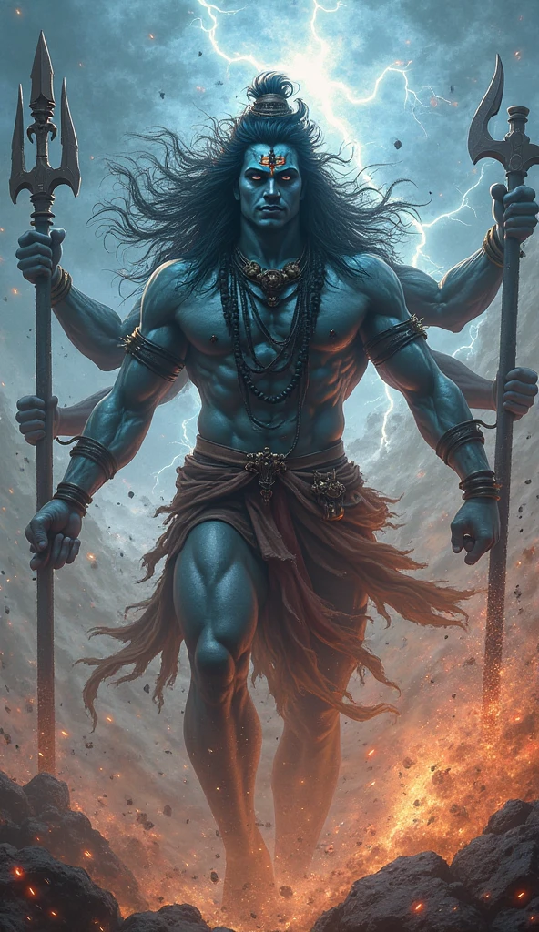 Amidst a stormy, tempestuous night on Mount Kailash, Lord Shiva's wrath is palpable. His matted hair whips wildly in the fierce wind, with the crescent moon shining ominously. His third eye blazes with an intense, fiery light, radiating divine fury. His blue throat pulses with energy as he lets out a resounding roar that shakes the very mountains. Serpents hiss and writhe around his neck, sensing the turmoil. The sacred Ganga, flowing from his locks, churns violently. In one hand, he clutches his trident with formidable strength, while in the other, the damaru beats a frenzied rhythm, echoing the chaos of his rage. Lightning crackles around him, illuminating his ash-smeared form, the ultimate Destroyer, ready to unleash his cosmic power upon those who dare to disrupt the balance of the universe.