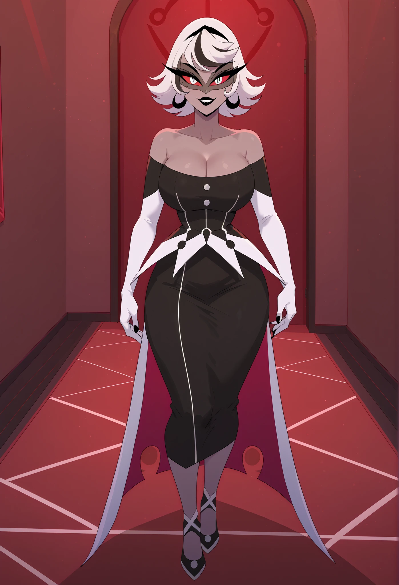 masterpiece,carmilla_carmine,score_9, score_8_above, score_7_above,gray skin,twin hair,Black dress,white elbow gloves, bare shoulders, ,(huge juicy breasts:1.2), breasts, expressions of joy,dress, ,black lip,pigmented sclera,Horny red,White hair,big breasts,wide back, (Alone),interior,gunman,, full body, full body, front view, vista frontal