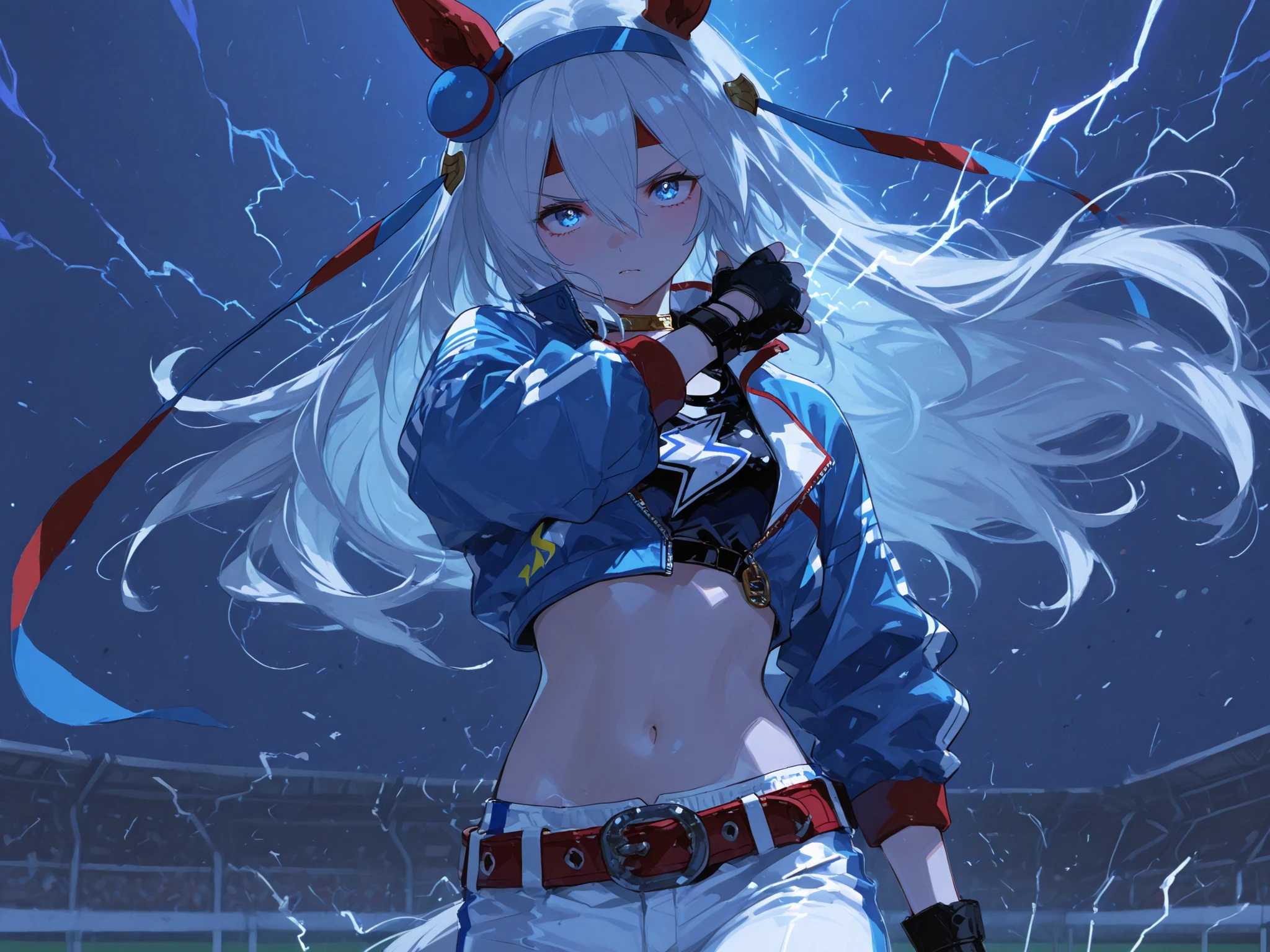 tamamo cross(Uma Musume), wearing her race outfit, R4CE,blue jacket,white pants ,belt,crop top,navel,midriff,lightning bolt symbol,fingerless gloves , intense and determined expression, surrounded by a cool dark blue aura, swirling energy and fighting spirit, hair and outfit flowing with wind, moonlight racetrack in the faint background, cinematic lighting, anime style, highly detailed, 4k resolution