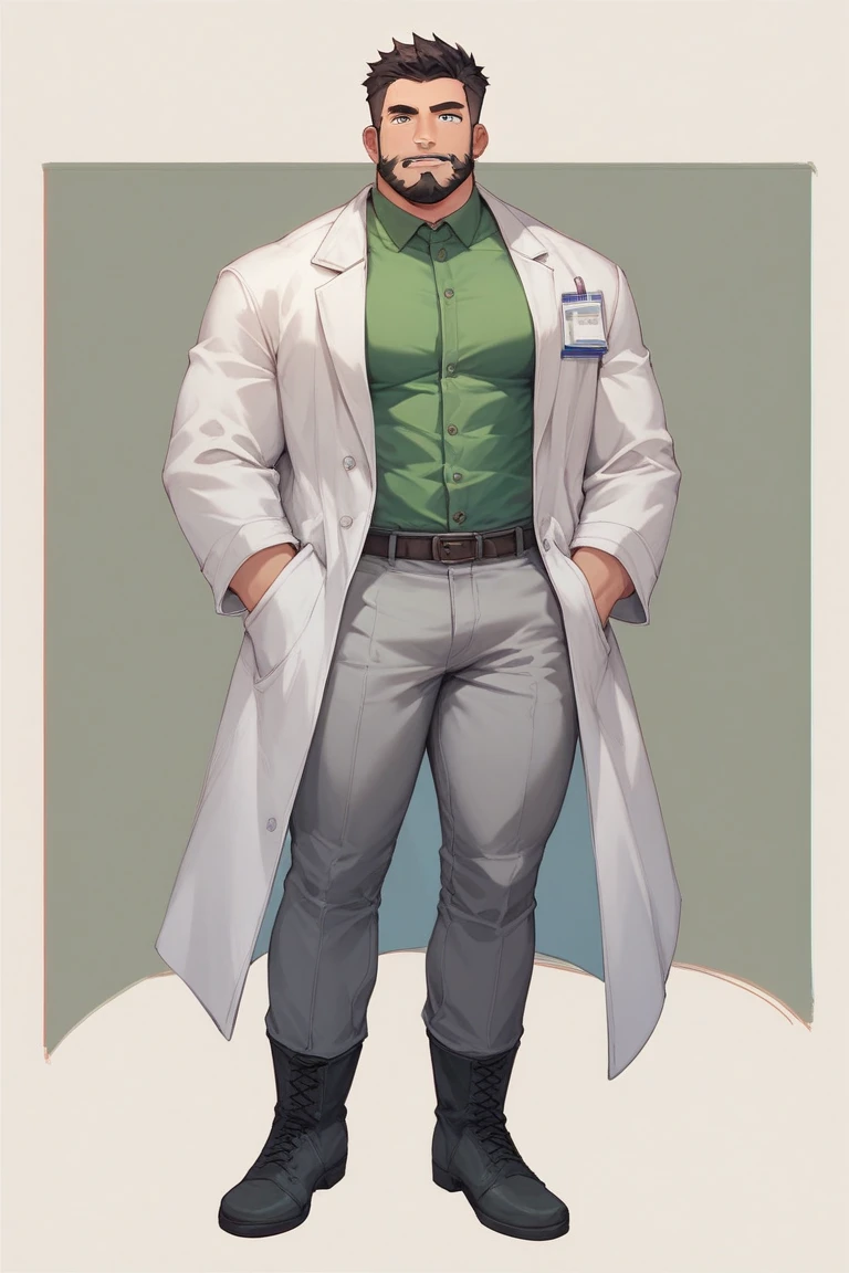 young man, {( (face) similar to Shinji Ikari)}, ((youthful)), (passionate), (softhearted), (socially awkward), (meek), (bashful), (dorky), (doglike), 19-year-old, ( (combed) parted (dark brown hair) ), (glossy light skin), ( ((big)) ((tired)) (green eyes) ), (((doctor))), (((fighter))), ( (skintight) (long sleeve) (black) ((compression shirt)) ), ( (tight) (dark gray) ((compression pants)) ), ( (brown) ((combat boots)) ), ( (tight) (light gray) ((lab coat)) (with buttons) ), (huge bulge in pants), tall, ripped, shredded, amazing physique, strong body, toned abs, big round shoulders, toned quadriceps, well-toned muscles, well-trained muscles, powerful muscles, peak condition, vascular, high muscle mass, sweating, sweaty, training in a dojo alone, tense atmosphere, amazing lighting, backlight, ((masterpiece)), ((full shot)), ((90s anime))