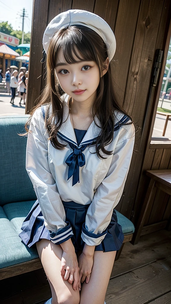 ((highest quality、8k、masterpiece:1.3)),((((fullbody shot)))),Ultra-high resolution,big eyes,Japanese,bangs,(a girl),(1 girl),((20 years old)),((facing at viewer)),(long hair),(((black sailor uniform))),grin,((sitting on chair)),(pleated mini skirt),(((pussy))),((pubic hair)),((skirt lift)),((short crew socks))