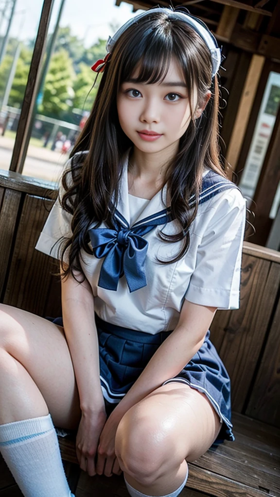 High resolution、high resolution、8k、highest quality,Ultra-detailed,masterpiece,Realistic,Photo realistic,Bright lighting,One Girl, Very beautiful 18 year old girl, (cute:1.2),A faint smile, (Brown eyes),(Brown haired),(Bans),Perfect glowing skin,Perfect Skin,((erotic,Sexy and sexually explicit)),((Accurate needles without discomfort)), Big ample breasts,Big breasts, small waist, Look at the viewers,((Sailor suit)),((Short sleeve uniform white shirt)),(Red tie),(Blue mini pleated skirt),(((Roll up the skirt yourself))),(Lifted it himself),(Showing panties),Wearing panties,Panty Focus,((get up,Spread your legs)), socks, (ブラックニーsocks),(Loafer shoes), Daytime,in the train,A long seat facing away from the window