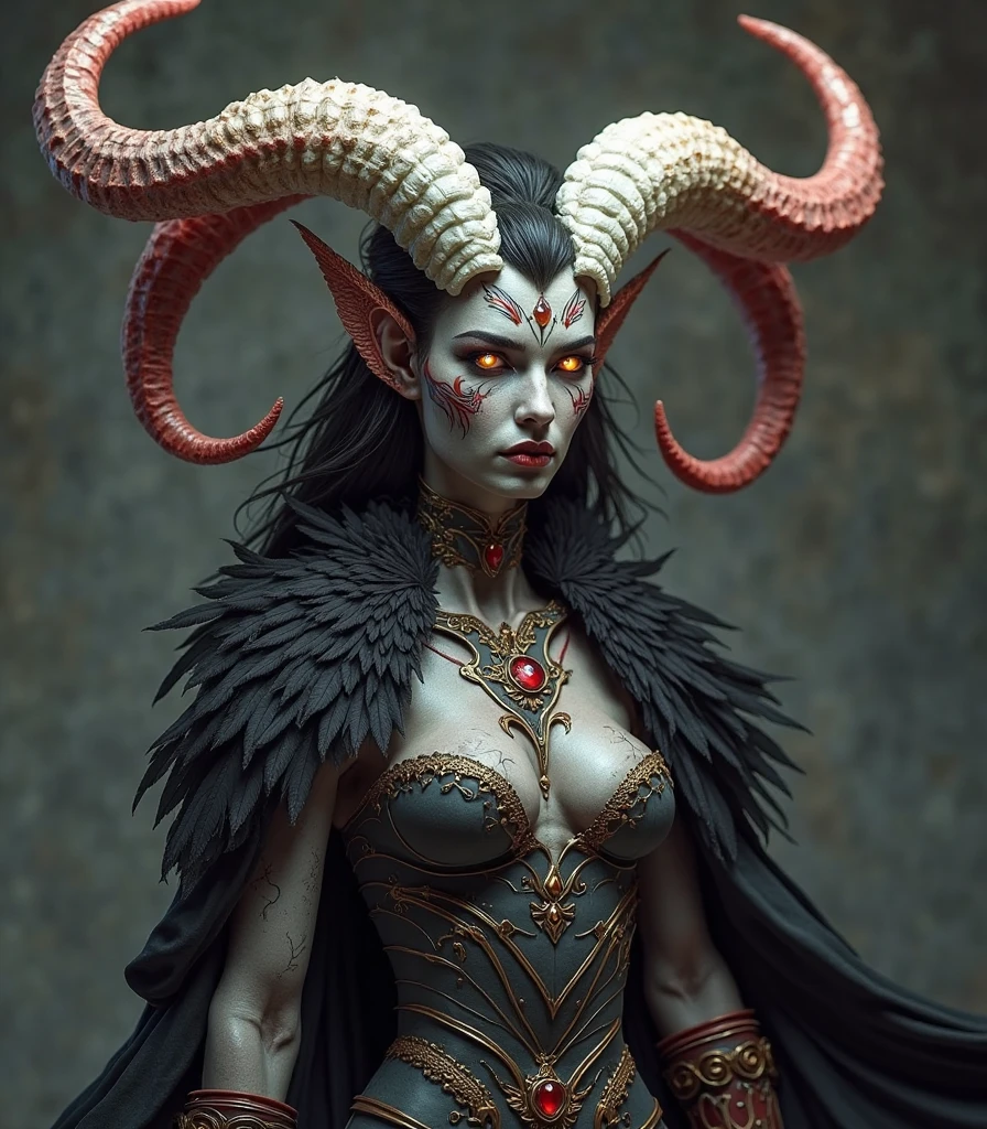 mulher pele cinza, forteCreate a highly detailed image of a tall female figure standing at 1.8 meters, with a strong and robust body that retains human anatomy. Her skin is a smooth, solid gray, giving her an otherworldly appearance. She has pointed ears and striking orange eyes that stand out against her skin tone. Her long hair is intertwined with a resin that appears to mold and form tribal-style horns emerging from her head, blending seamlessly with her hair. The overall look is powerful yet elegant, with her physique and features fully visible and highlighted against the background, ensuring she is the central focus of the image.
