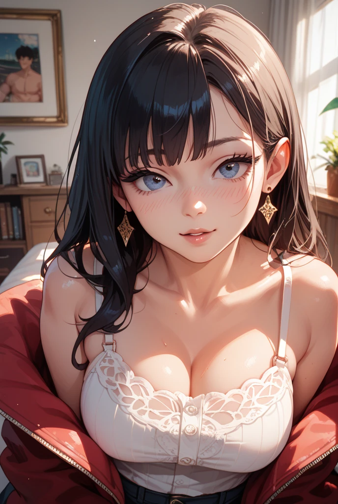 full body shot, thick hair, lustful eyes, open mouth smile, aroused 25 years old, playfully aroused, dripping with desire, busty cleavage, low cut spaghetti strap tank top , shorts, slim waist, lounging comfortably, coy smile with open parted lips, (blushing:1.3), looking lovingly at the viewer, seductive eyes, facing the viewer, livingroom background, posing by the sofa, (pov), glowing eyes, necklace, earrings, nsfw,