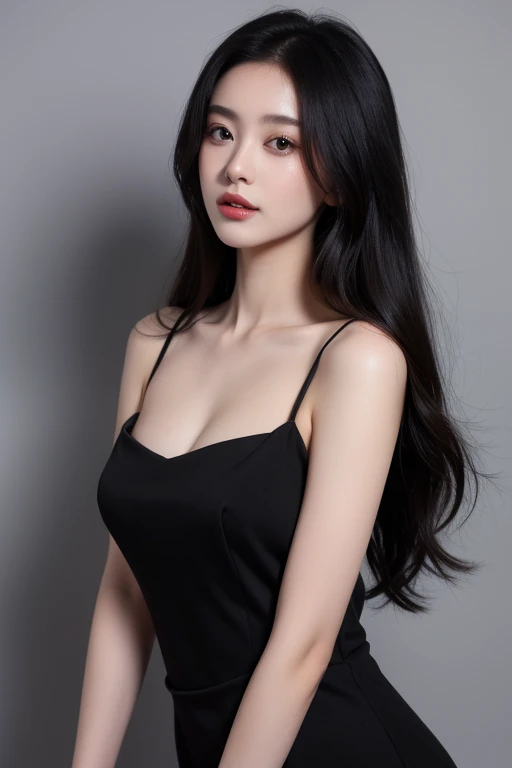 (1. Neck-up shot of a woman)　(She poses in front of a white wall in her room, Show as much hair as possible.:1.5)　(She randomly gives sexy looks to viewers　((highest quality))　((masterpiece))　(Familiar)　(Get used to it)　(Pure white wall background:1.8. Photo of upper body from waist up)　(The most beautiful and sensual 18-year-old hair model in Japan)　(Very shiny and voluminous, Very straight!!!　The highest quality and most detailed, incredibly long, jet black hair hangs down widely on both sides of the body.　The hair on the back is neatly trimmed　Her highest quality and highest detail of ridiculously long everlasting extraordinarily long jet black hair is very long hair!!!　Her beautiful jet black hair is very long!!!　Her hair is very black!!!　length hair down to the waist!!!　length hair down to the waist!!!　length hair down to the waist!!!　length, Shiny black hair, black silky hair, detailed length black hair, length black straight hair, long Straight black hair, length black hair, thick shining black hair, length black hair, Straight black hair, length and free straight black hair, Perfect Silky Straight Hair, Extra Dark Natural Black Hair, very length black hair)　(Her bangs are neatly trimmed, Full van:1.3)　(She received a beautiful make-up done by a professional make-up artist...　Exquisite texture:1.4　Bright red lipstick　Beautiful black eyeliner)　(She is wearing a shiny random color silk camisole dress.)　　(She has a typical Japanese body type and typical Japanese skin color...、The skin has fine details)　(Her face is perfect, Slim and dignified.　 double eyelid　Squint your eyes:1.1)　(She has a sensual look and feel.)　(Genuine RAW photos taken by professional photographers using SLR cameras)　((Rich 1.4))　(Extremely detailed 8K)　(Exquisite texture1.4)　(Actual, Vibrant:1.4),　Sharp focus:1.2、Beautiful woman:1.4　Dynamic Lighting　(Genuine RAW photos taken by professional photographers)　(She is wearing a smooth silk camisole dress..)