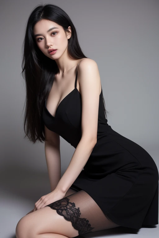 An asin girl big breasts sits with her legs stretched out, taking a realistic photo
Wearing a high slit dress and heels (black)