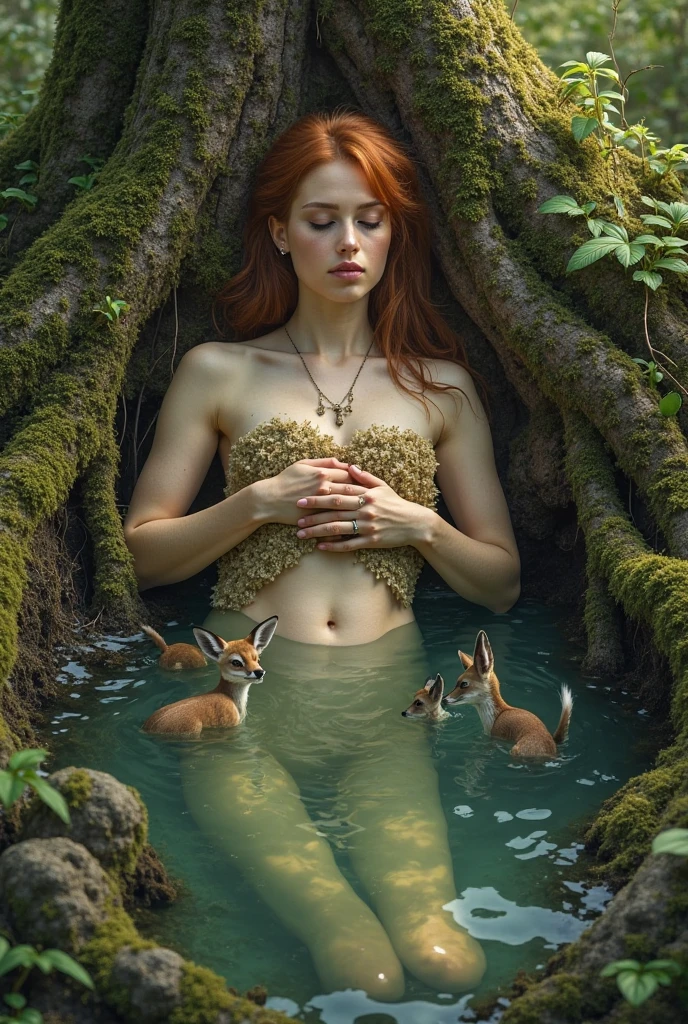 RAW photo of ((young woman with short hair, front bangs)), (antlers with golden rings:1.2), bathing, ((nude)), Highest quality, (natural lighting:0.7), masterpiece, ((shot from below)), cute, colorful, (((full body:1.5))), ((epic overgrown fantasy ruins and a small river with waterfalls)), small breasts, natural lights, perfect face, alluring eyes, vivid detail, freckles, ((colorful)), sunlight, key lighting, (backlighting:0.5), medium depth of field, masterpiece photo, 50mm lens, F/4 aperture, (hyperdetailed, intricate), sharp focus