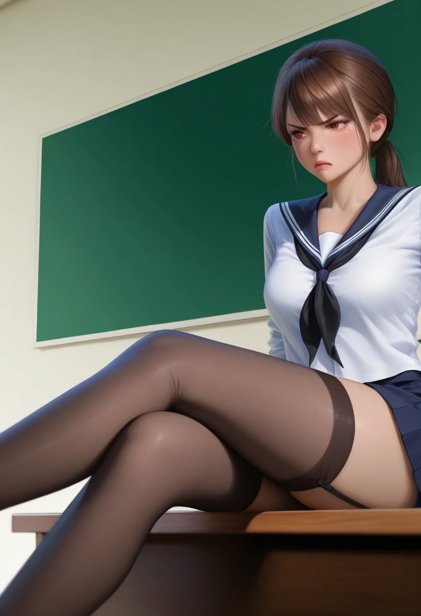 Kujikawa Def,Twin tails,school uniform,Seraph of the Black,Long sleeve,skirt,Knee socks,jewelry,Earrings,Straddle,
Highest quality, Very detailed, masterpiece, Absurd,8k,   photoRealistic, Realistic,Detailed skin texture,Detailed pupil,High resolution,Natural light,
One girl,alone,(Happy:1.1),(smile:1.2),short hair,Brown Hair,(Angular face:1.2),Shining Face,Large Breasts, Tight waist, Lip Makeup,Wet shirt,Spread your legs,(I can see her panties:1.5)back,From the back,look back,valley,Bra is visible,(Orgasm:1.7)classroom