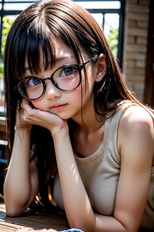 (8K、Hyper HD)On pink sheets、transparent bottom、Spread your legs、short hair, Black Hair, Curly Hair、View your viewers,high school girl,Leaning forward,(Random cute clothes),(Random Animation Pose),(Thin type),(Random hairstyle),(Best image quality, (8K), Ultra-realistic, 最high quality, high quality, High resolution, high qualityの質感, Attention to detail, Beautiful details, Fine details, Highly detailed CG, Detailed Texture, Realistic facial expressions, masterpiece, in front),(Wear glasses:1.1)、(Big eyes:1.4)