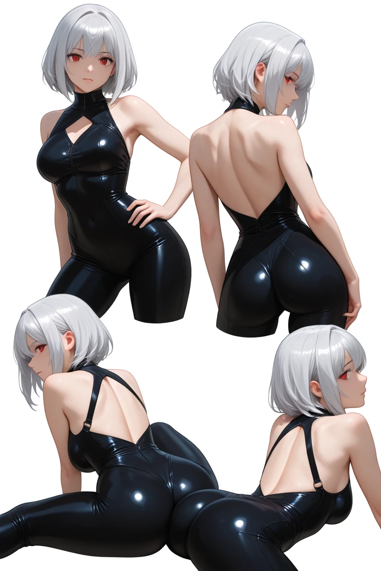 , short hair, white hair, 2 very long black horns, red eyes with an angry expression on his face, clothing in the form of a black one-piece swimsuit, defined and thin legs like a model, thin torso with chest little. black leather boots with high heels, open mouth with vampire fangs protruding and tongue sticking out, black wings coming out of the top of the back, heart-shaped tail at the tip,