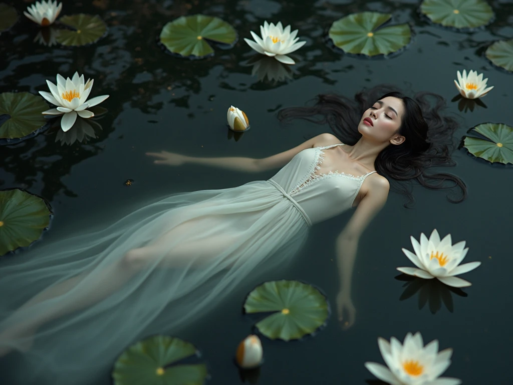 1girl,light smile,(green dress),(lotus pond),(lily pads),(lotus flowers:1.3),(butterfly:1.4), (paper fan), (floating leaves),(wind), (lying), (transparent water:1.1),(moonlight:1.3),(peaceful atmosphere:1.4), (wide shot),(from above),(green theme:1.2), She lying in the center of the lotus pond, smile, smirk, glint, red lips, The girl wearing a beautiful Hanfu, perfectly matched with the surrounding scenery. The beautiful night, the moonlight reflected in the water, creating a calm atmosphere. From above, the viewer can see the lily pads and lotus flowers that surround her, there are mysterious light under water illuminating the fish swimming elegantly around her. Many blue butterflies dancing around the girl, The green theme dominates the scene, with shades of emerald and jade that highlight the natural beauty of the pond. The rippling water and moonlight add to the tranquil mood, making it the perfect spot for relaxation and reflection.